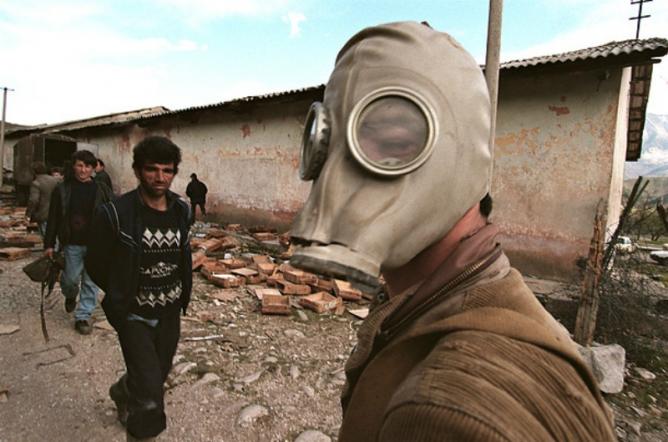 Albanians in the Albanian Civil War gas mask